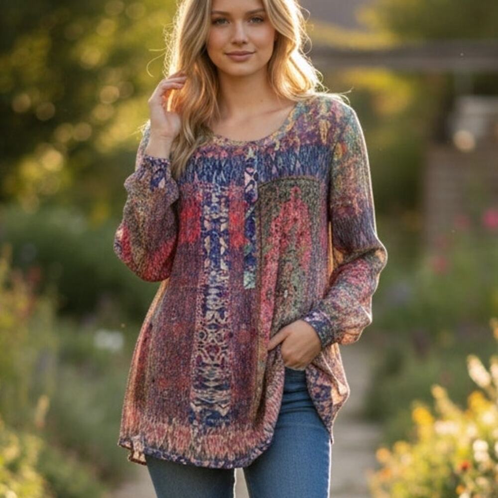 Daniel Rainn Pintucked Popover Top Size Medium Colorful Peasant Boho Mixed Print
